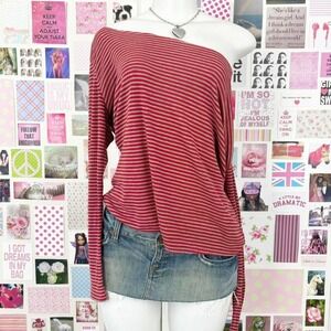 y2k red grey striped off shoulder top grunge size M/L